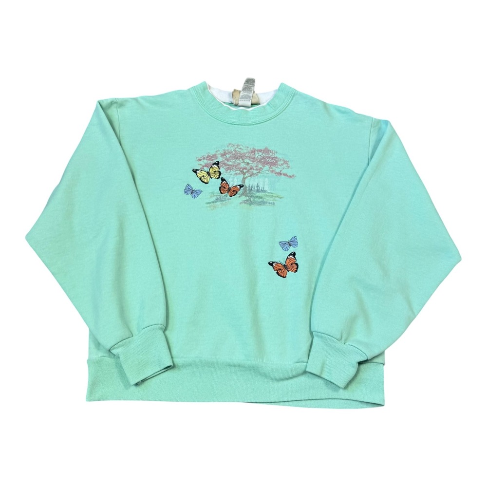 Vintage 90s Top Stitch Mint Green Butterfly Nature Sweatshirt Women's Small